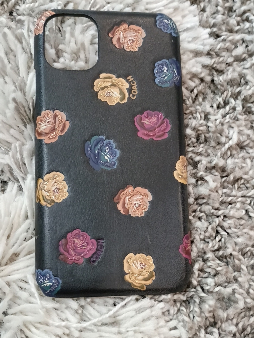 Coach iPhone 11 Black Leather Floral Appliqué Phone Case
